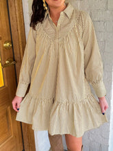 Stripe Collared Neck Cuffed Long Sleeve Drop Waist Mini Dress