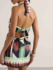 Geometric Print Halter Neck Mini Dress