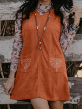 Corduroy Western Embroidered Patched Pocket Shift Sleeveless Mini Dress