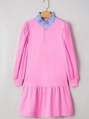 Contrast Striped Collar Patchwork Puff Sleeve Ruffle Hem Mini Dress