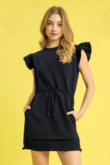 Umgee Luxe knit Ruffle Sleeve Drawstring Mini Dress