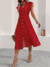 Button-Front Midi Dress with Ruffle Sleeves