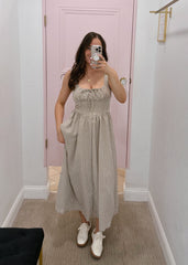 Gingham flowy brown bow midi dress