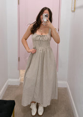 Gingham flowy brown bow midi dress