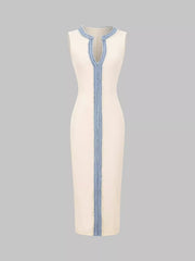 Slit Contrast Notched Sleeveless Dress