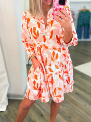 Printed Notched Long Sleeve Dress