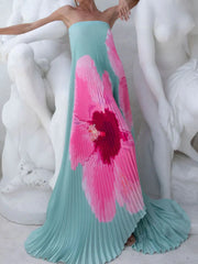 Pleated Printed Tube Floor Length Dress