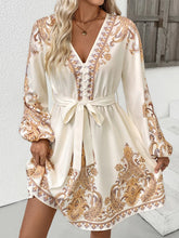 Printed Tie Waist Long Sleeve Dress