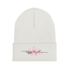 RR Signature Pink Ribbon Beanie - White