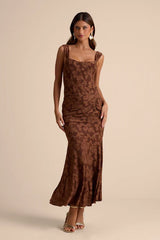 Celeste Brown Floral Burnout Bustier Maxi Dress