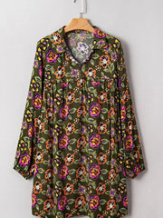 Floral Print Split Neck Bubble Sleeve Shift Mini Dress
