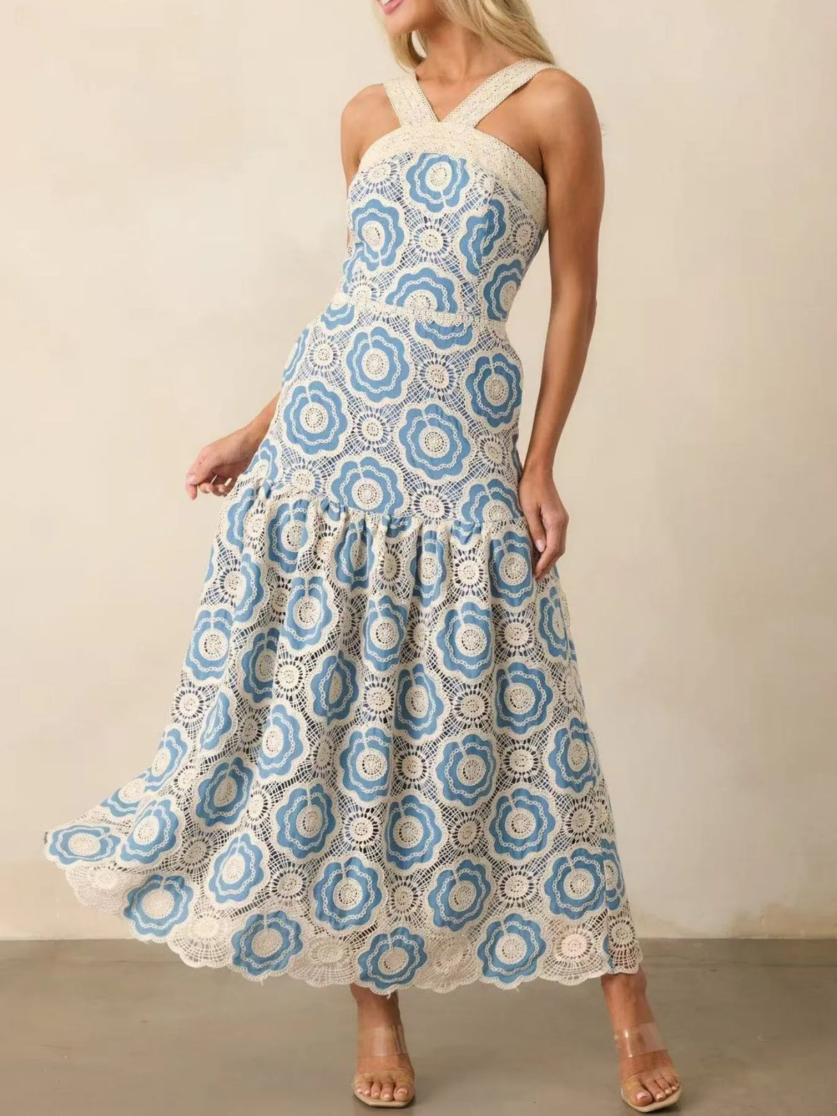Lace Sleeveless Tiered Midi Dress